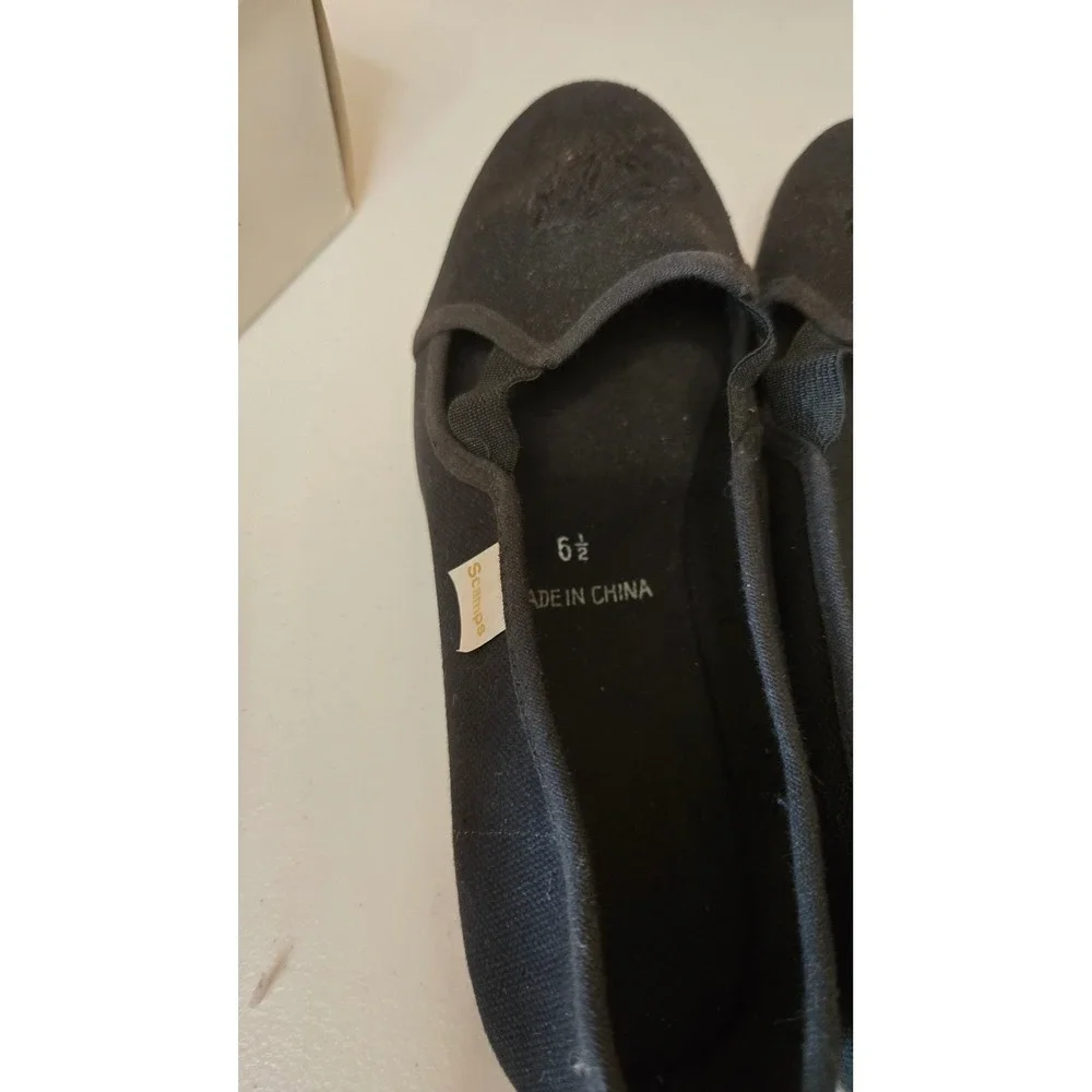 Vintage Scamps Black Canvas Slip On Loafers Flats Embroidered Women 6.5  NEW‎